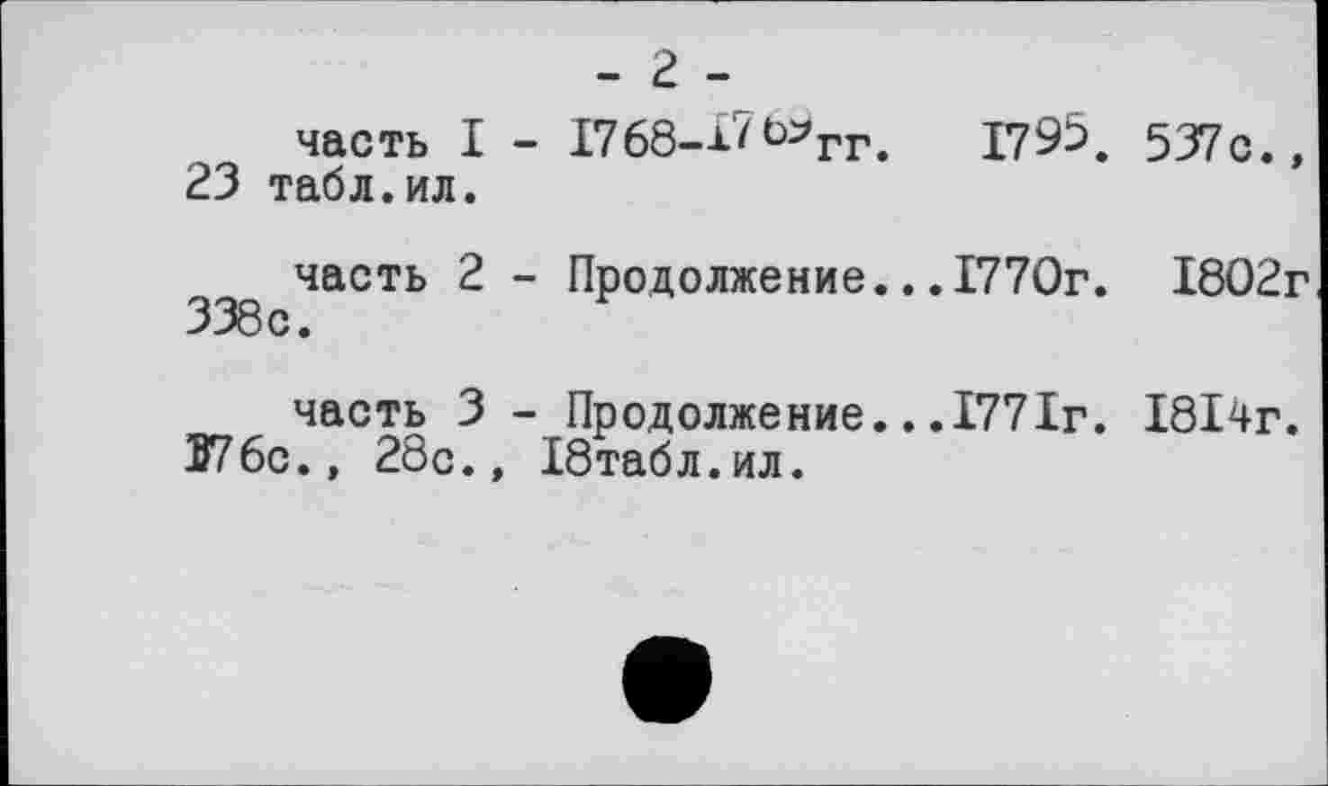 ﻿- 2 -
часть I - I768-tf<*rr.	Г795. 537с.,
23 табл.ил.
US часть 2 - Продолжение...1770г. 1802г
часть 3 - Продолжение...177Іг. І8І4г.
276с., 28с., Ібтабл.ил.